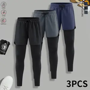 Men’s 3-piece quick-workout running pants set with padding, stretch fabric, side pockets—suitable for running, basketball, and training—non-see-through athletic pants for spring/autumn/summer