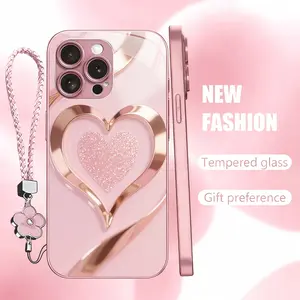 Phone Case: Pink Glitter Heart Rose Gold Frame Decorative Tempered Glass Phone Case, with Clover Lanyard, Compatible with iPhone 16/16 Pro/16 Pro Max/16 Plus/15/15 Plus/15 Pro/15 Pro Max/14/14 Plus/14 Pro/14 Pro Max/13/13 Pro/13 Pro Max/12/12 Pro/12 Pro M