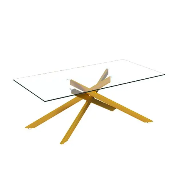 47-Inch Golden Rectangle Glass-Topped Pedestal Coffee Table for Living Room - Gold Metal Legs, 180lbs Capacity, Glass-Topped Pedestal Tables, Golden Pedestal Tables
