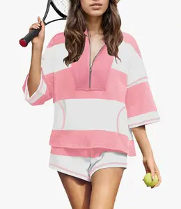Women's 2 Piece Lounge Set Summer Casual Color Block Tracksuit Half Zip Short Sleeve Pullover and Shorts Tennis Outfits