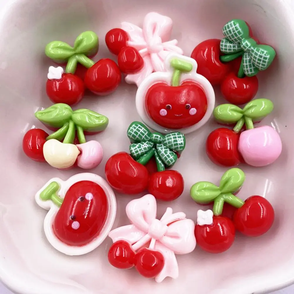 10pcs Colorful Kawaii Cartoon Bowknort Red Cherry Figurines Resin Ornament Flat back Stone DIY Wedding Bow Jewelry Applique Home Christmas Decor Crafts Accessories Diy Craft Embellishments Home Decor Ornaments
