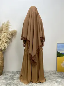 Women's Contrast Lace Design Hijab Khimar, Casual Soft Comfortable Breathable Long Hijab for Daily Wear, Fashion Muslim Clothing for All Seasons