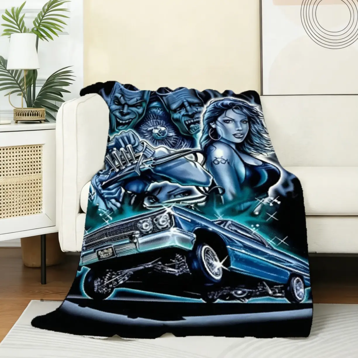 Chicano Culture Low-Profile Car Illustration Flannel Blanket, Cozy Throw for Adults & Kids, Sofa Bed Office Camping