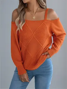 Women's Off-Shoulder Spaghetti Strap Long Sleeve Sweater Top, Casual Vacation Plain Color Pullover for Fall & Winter