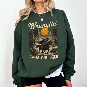 Retro Wranglin' Feral Children Sweatshirt, Vintage Raccoon 90s Western Crewneck, Funny Cowboy Raccoon Long Sleeved Pullover, Meme Unisex Sweater