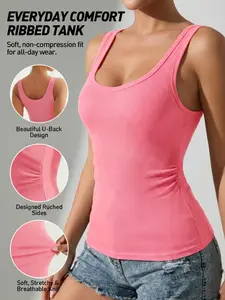 Women's Scoop Neck Basic Tank Tops Ribbed Wide Strap Sleeveless Shirts Workout Cami Tops