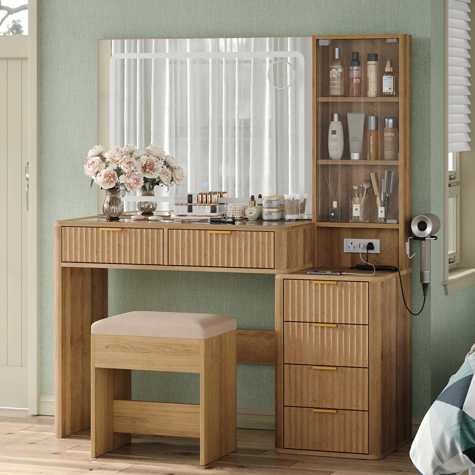 FUSOU 43.3" Fluted Vanity Desk with 3-Color LED Mirror,Makeup Vanity with Glass Top & Glass Door, 6-Drawer Wood Vanity with Charging Station, Includes Vanity Stool, Natural Oak
