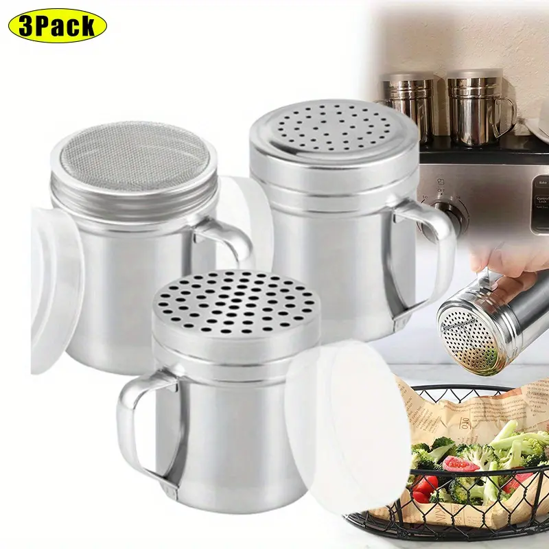 3PCS 10oz Stainless Steel Dredges With Handle For Coarse Seasonings - Fine Mesh + Medium Holes + Large Holes