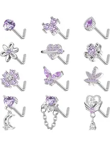 Gentle 12 Pcs Silvery Purple Nose Rings 20G L Shaped 304 Stainless Steel Nose Studs for Women Men Shining CZ Heart Butterfly Flower Leaf Moon Dangle Nose Studs Piercing Jewelry Set Nose Piercings Kit