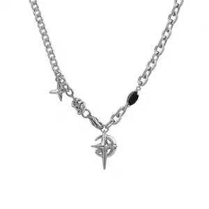 Y2K Grunge Starburst Cross Necklace - Stainless Steel Chunky Chain with Moon & Zirconia Charms, Unisex Streetwear Jewelry