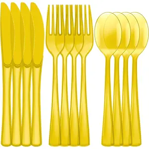 180 count Yellow Disposable Cutlery Set Plastic Silverware Heavy Duty Utensil Sets 60 Forks 60  60 Spoons for Birthday Party  Office School Picnics Restaurant Outdoor Events or Every Day Use