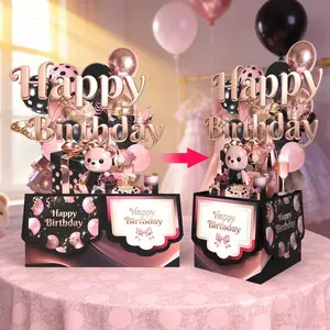 3D Birthday Card with Envelope, Rose Gold Balloon and Teddy Bear Gift Box, Party Invitation, Holiday Gifts, for Friends and Family