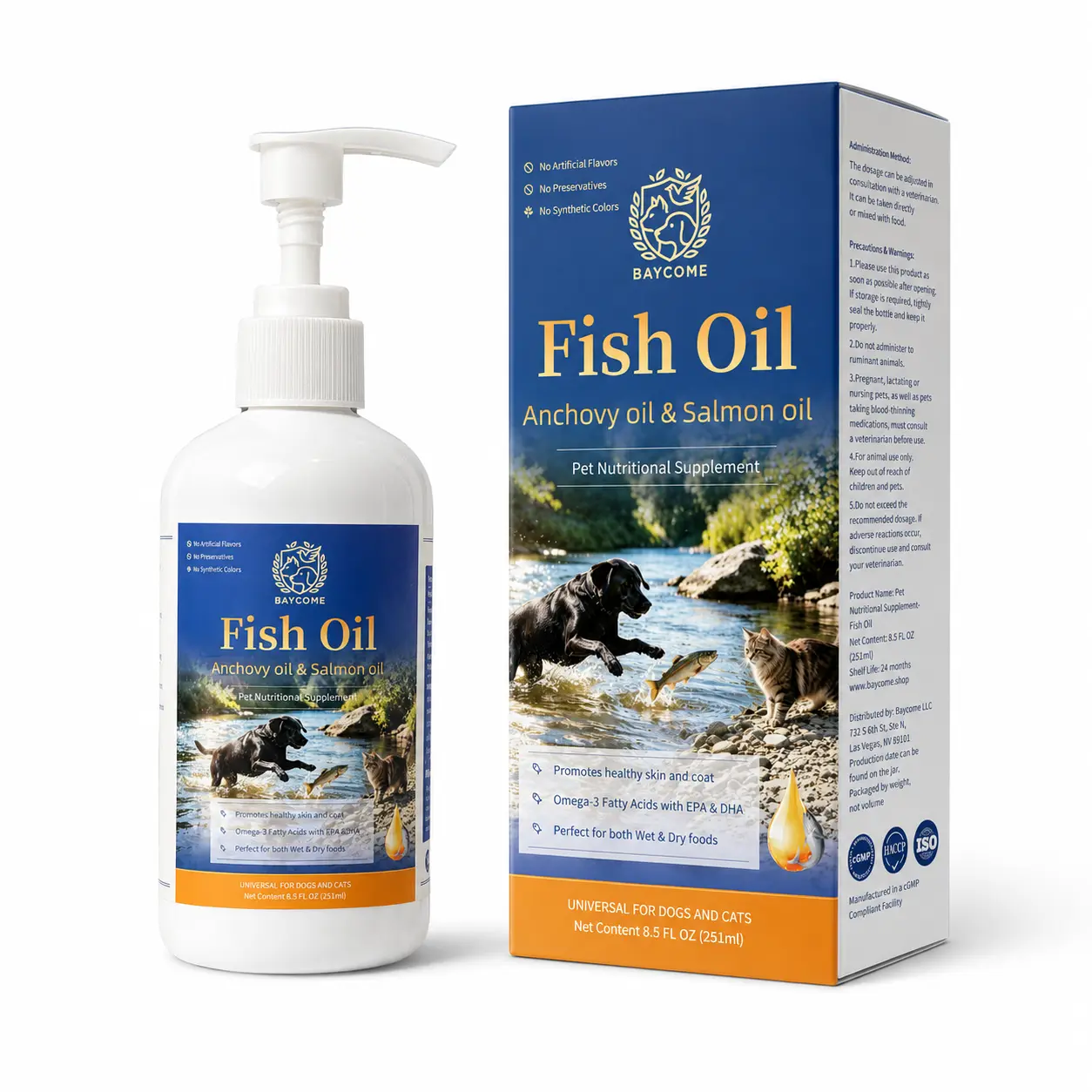 BAYCOME Fish Oil for Dogs & Cats, Omega-3 EPA & DHA Pet Supplement with Anchovy & Salmon Oil for Skin & Coat Support, 8.5 fl oz