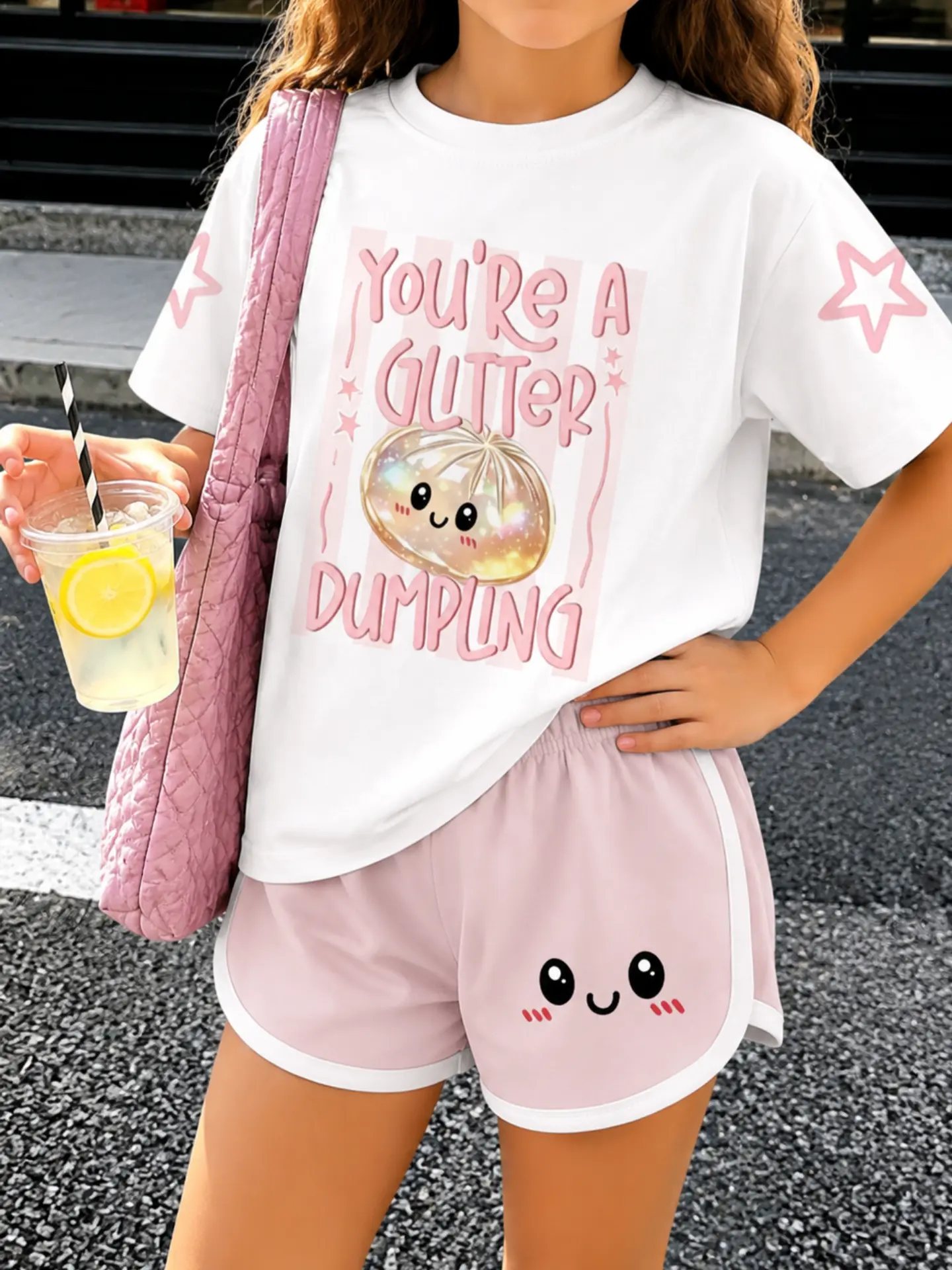 Girls’ 2-piece  Back-to-School Outfit, Cute Graphic T-Shirt and Shorts Matching Set, Summer Casual Clothing for Little Girls, Older Girls, and Tween Girls, Everyday School Wear