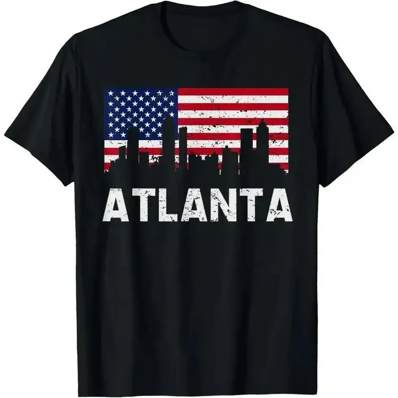 Men's 100% Cotton Graphic T-Shirt - Atlanta Skyline American Flag Distressed Print, Round Neck Short Sleeve Tops, Breathable Skin All Seasons Casual Streetwear, Cold Machine Wash Cotton Fabric Menswear, Loose Fit
