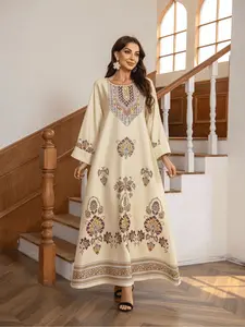 Muslim Dress Round Neck Printed Rhinestone Beaded Loose A-Line Long Robe