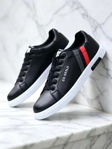 Men's Plus‑Size Classic Striped Casual Skate Shoes, Men's Round‑Toe Lace‑Up Trendy Footwear with Flexible PU Upper, Low‑Top Flat Sole for Shopping and Daily Outings