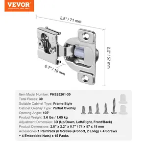VEVOR Cabinet Hinges, 30 Packs Partial Overlay Kitchen Cabinet Door Hinges, 105 Degree Opening Angel Soft Close Concealed Cupboard Hinges for Framed Cabinet Type, with Mounting Screws