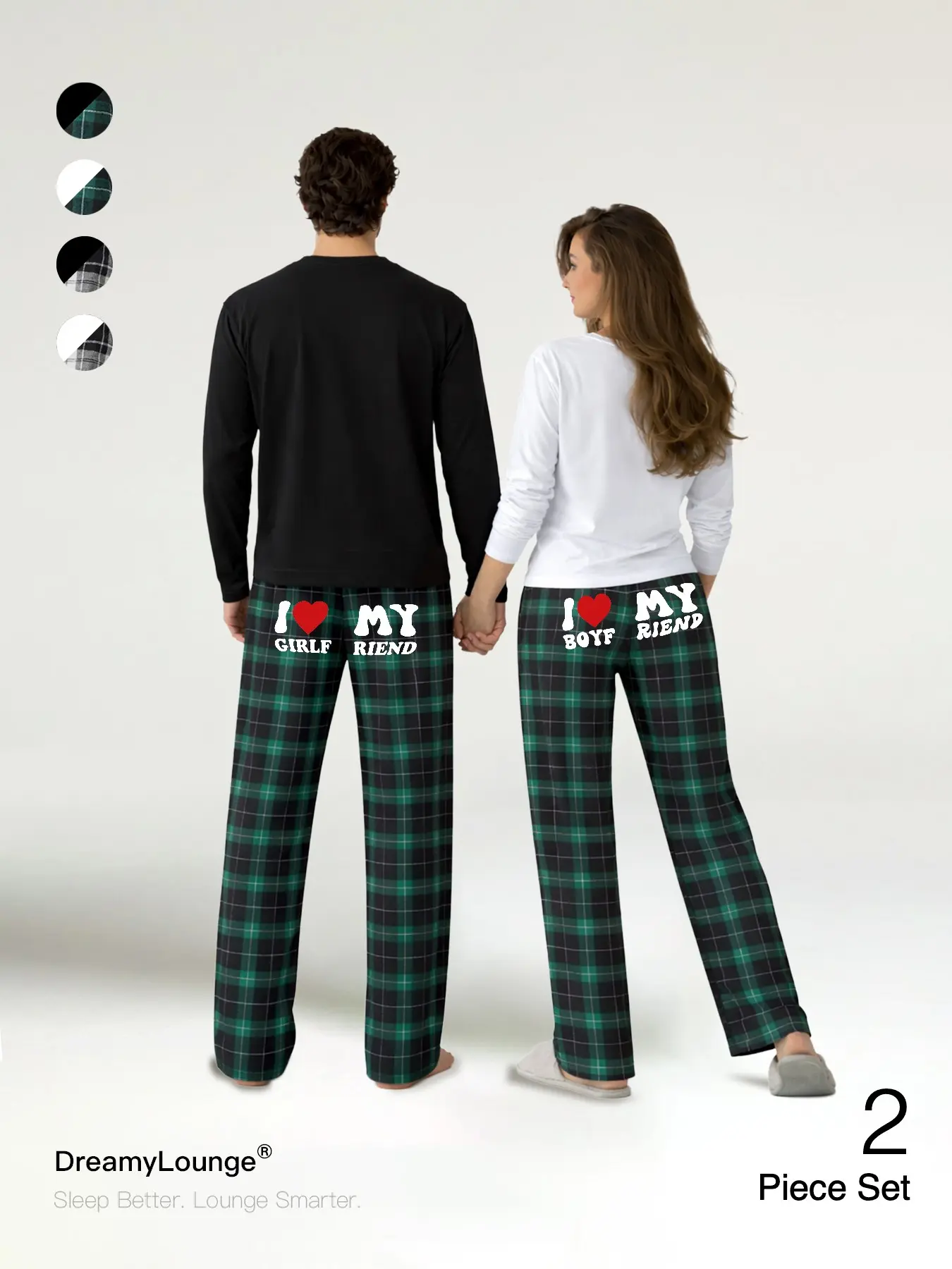 Valentine's Day 「2-Piece Set」Fun Slogan + Heart Print, Comfortable Breathable Long Sleeve Plaid Pants, Casual Home Wear for Men and Women