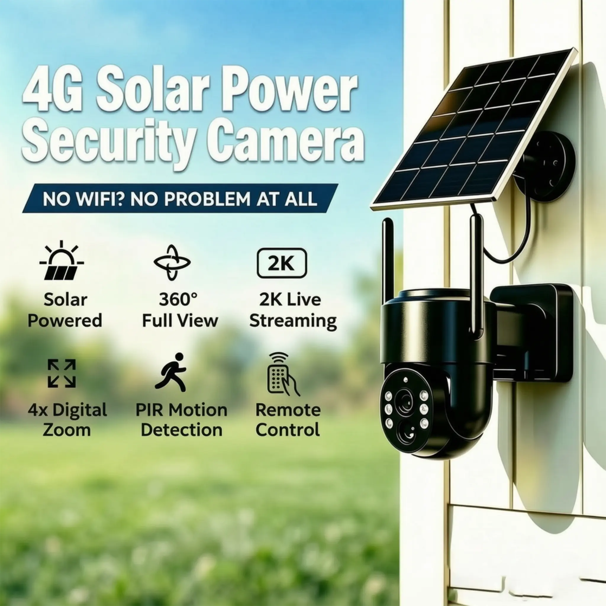 Outdoor Solar Power Security Camera - 1440P 360° PTZ Panoramic View, Wireless 4G LTE Cellular, Remote Surveillance Monitor, Motion Detection, Two-Way Audio, Color Night Vision, TF Card & Cloud Storage, IP66 waterproof  for Home, Motion Detection