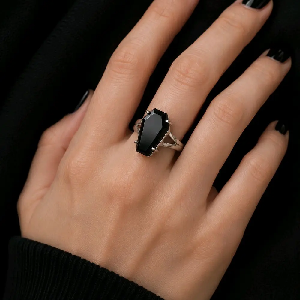 Black Onyx Coffin Ring, Sterling Silver Plated Band, Sizes 6-10, Natural Stone, Goth/Alt/Witchy Aesthetic, Natural Crystal Gemstone Ring