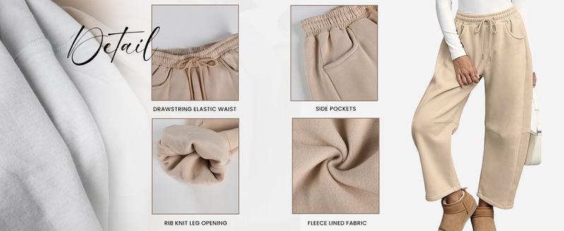 Tanming Women's Barrel Leg Pants Basic or Fleece Lined Elasticated Waist and Soft Wide Leg Pants with Pockets Casual All-Season Sweatpants