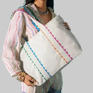 Dear-Lover Women's Casual Trendy Polyester Tote Bag, White with Colorful Ricrac Detail, 57x5x32cm Large Size, Outside Pocket, for Beach or Farmers' Market Use, Casual Trendy Bag