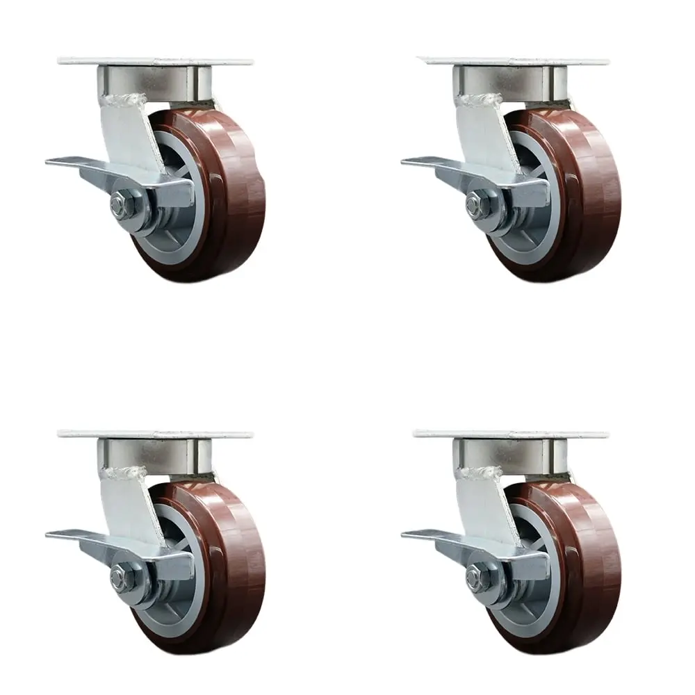212 MAIN Kingpinless Steel Casters (KP30 Series, SCC-KP30S520-PPUR-SLB-BSL-4) with Grease Fittings, 5x2 in. Maroon Non-Marking Polyolefin Wheels, 3000 lbs Capacity, 4-Pack for Wall Panel Carts, Drywall Carts, Freight Terminals