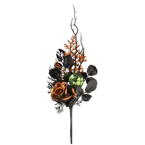 20 in. Set of 2 Halloween Spooky Bouquet with Roses, Ball Ornaments, Twigs, Leaves
