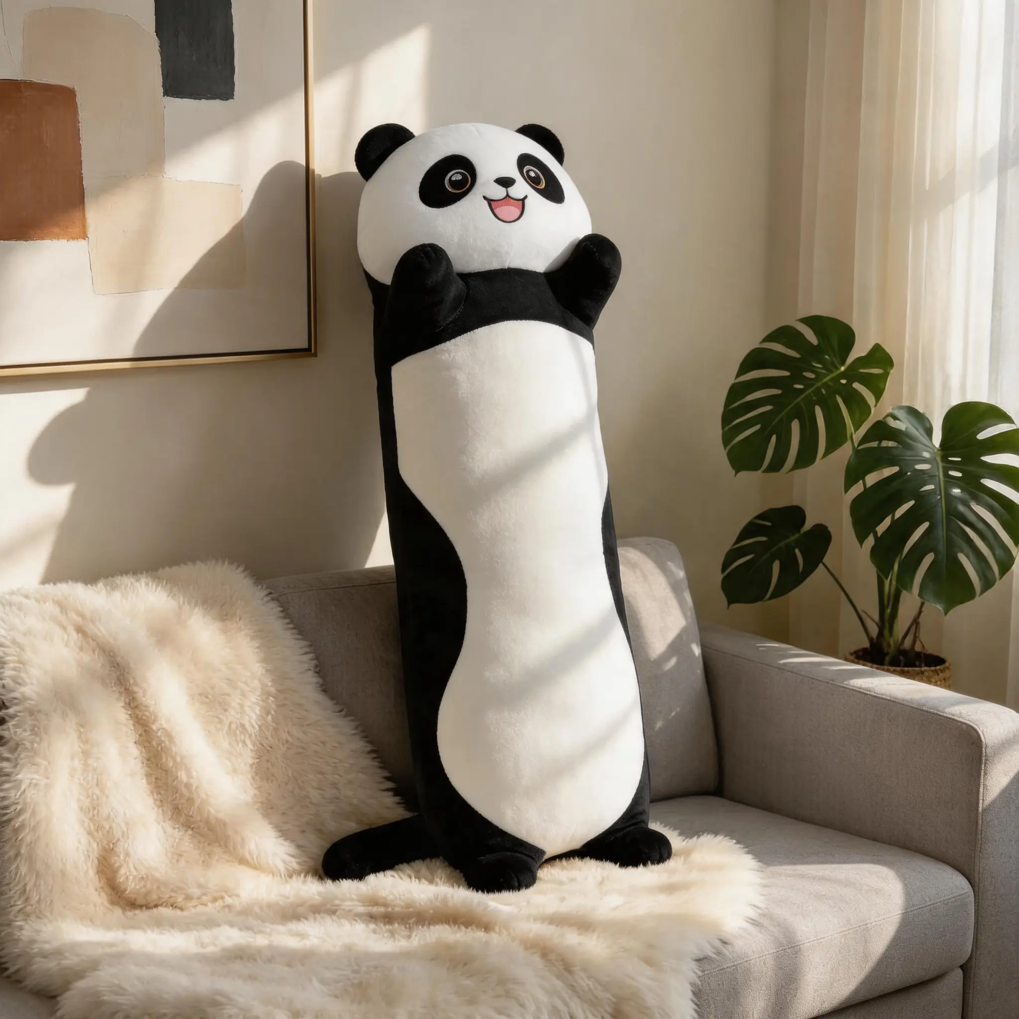 Soft long panda hugging pillow for sleeping; soothing leg-support cushion; plush companion for a cozy bedroom sofa vibe