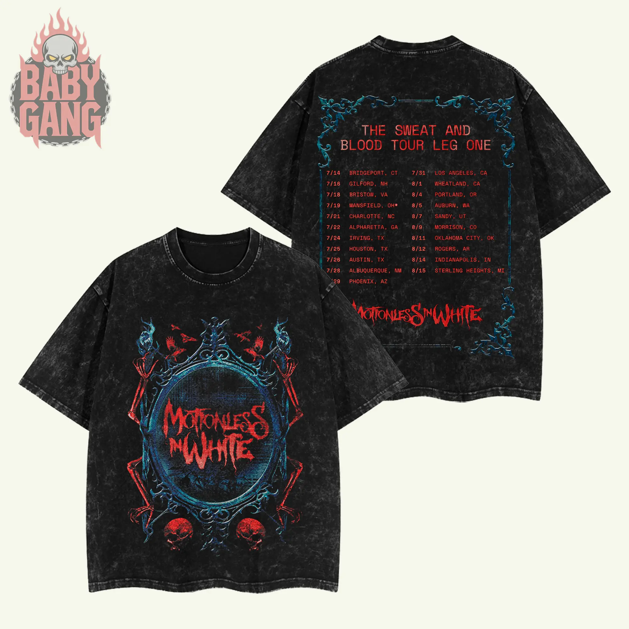 [Baby Gang] Motionless In White The Sweat And Blood Tour 2026 Tour 2026 Shirt Oversize Rock Band Deathcore Symphonic Deathcore Cotton Gift For Rock Music Lovers Graphic Tees Graphic Menswear Womenswear