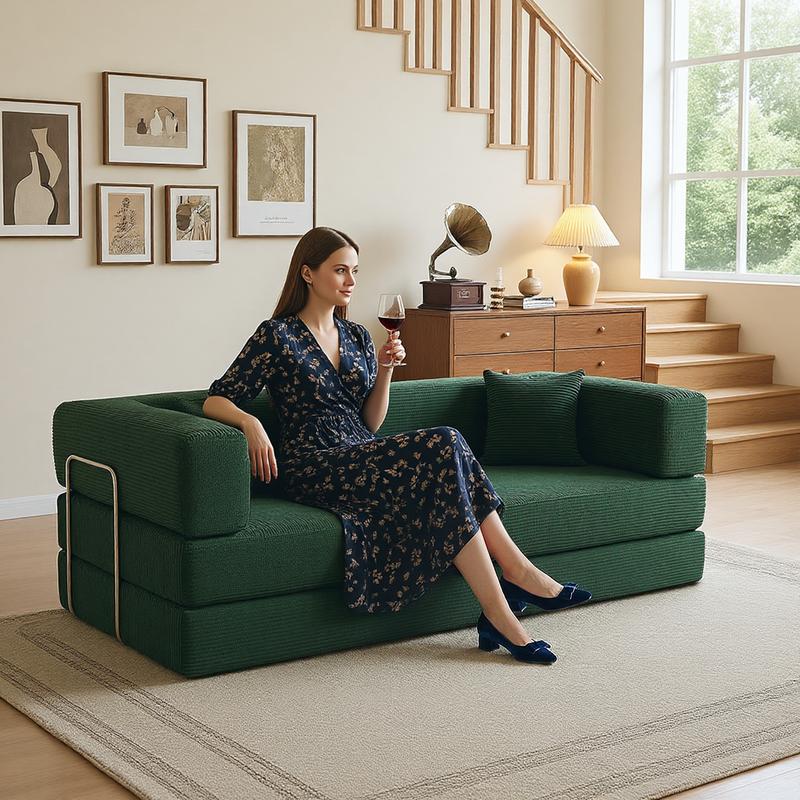 79" Convertible Sleeper Sofa Bed with Cylindrical Pillow Corduroy Folding Mattress Couch Fixed-Shape Frame Modular Compressible Living Room Sofa Set Vintage Suede Comfortable Lounge Chair Lazy Sofa Bean Bag Bedroom Sleeper Modern Cloud Loveseat