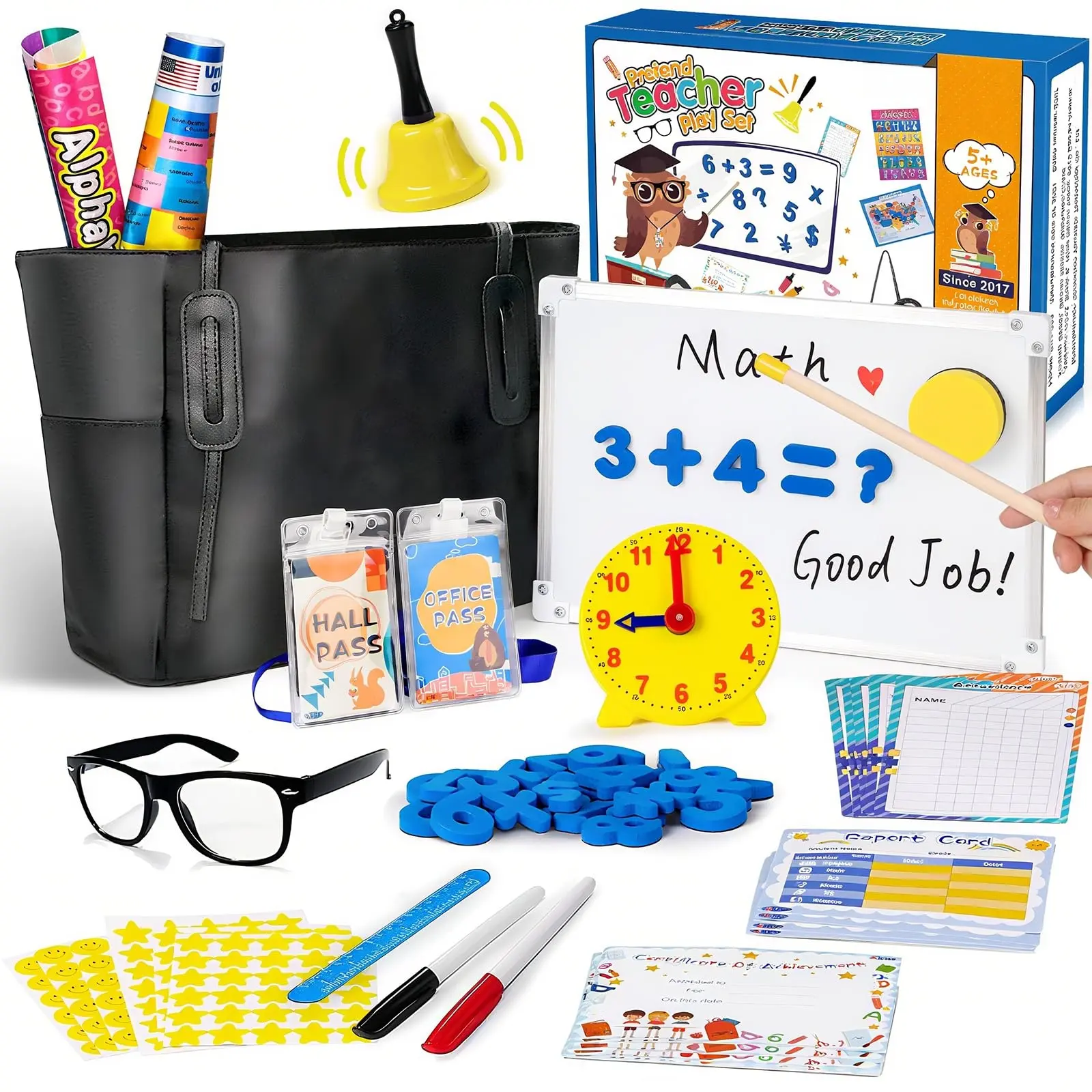 Kids' Pretend Play Teacher Set (Ages 5-12) - School Educational Learning Materials with Reusable White Board, Bell, Clock, Math Learning Tools for Classroom Role-Play