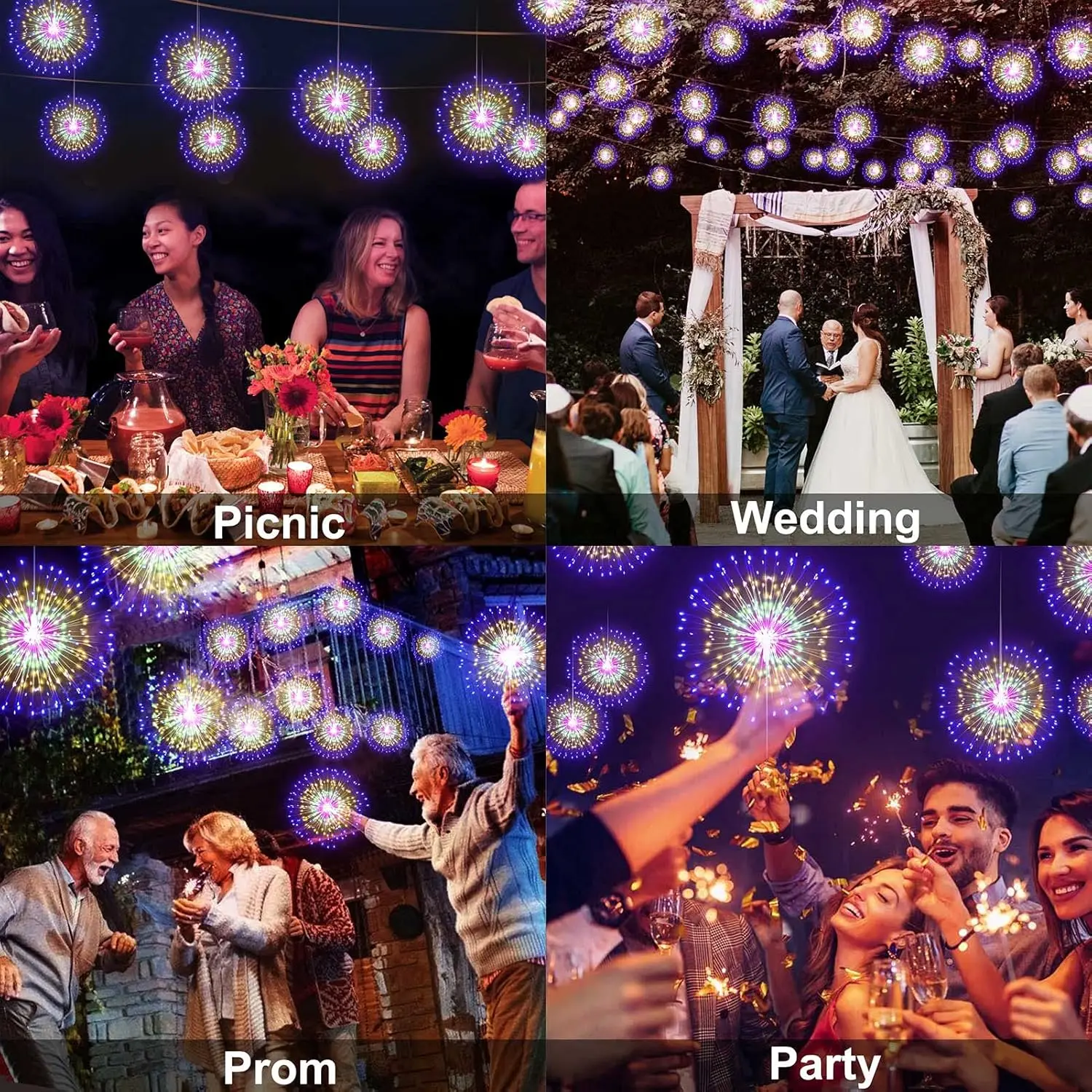 DenicMic Firework Starburst Lights 8 Modes LED Battery Operated Chandelier Star Lights with Remote, Hanging Ceiling Decor for Bedroom, Yard, Patio, Party, Christmas Decor 4 Pack