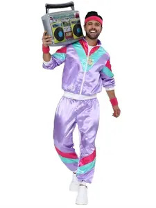 Men's 80s 90s Hip Hop Rapper Costume - Neon Blue Tracksuit Jacket & Pants with Inflatable Boombox, Gold Chain & Headband - Retro Old School Party Outfit