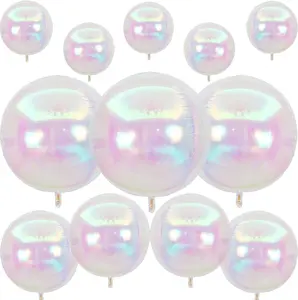 12Pcs Iridescent Round Foil Balloons, 22" 15" 10" 4D Clear Ball Balloon, Holographic Balloons for Birthday Wedding Folding Rainbow Under The Sea Mermaid Party decoration