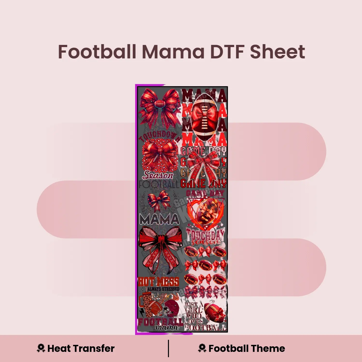 Rectangular Red Football Mama Gangsheet DTF Heat Transfers - Specialty DIY Craft Supply