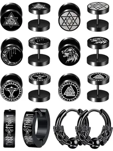 8 Pairs Mens Earrings Studs Stainless Steel Viking Hoop Earring Sets Fake Gauges Earrings Classic Black Stud Earrings Norse Viking Jewellery Hoop Jewelry