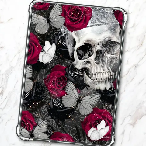 Roses and Skull Cardstock Clear Case Insert for Kindle, Fire Tablets, Boox, Kobo, Lenovo, ipad | Bookshelf with Skulls | Spooky Vibes | Gothic Witchy Booktok | Red Roses Bookish Kindle Stickers | Haunting Kindle Aestheic Decorations