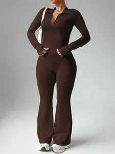Rhythm Era Women's Plus Size Casual Zip-Up Jacket With Thumb Hole And High Waist Flare Pants 2 Pieces Set Brown Yoga Set Brown Two Piece Set Brown Matching Set Brown 2 Piece Set Women Spandex Set Ribbed Two Piece Zipper Top Flare Pants Spandex Set Women L