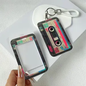 Retro Cassette Tape Pattern Durable Plastic ID Badge Holder with Lanyard Slide Design for Cards Transparent Window Compatible with Credit, Metro, Bus Cards-Nurse, Doctor, Student Accessory