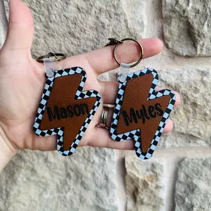 Checkered bolt with leather and name engraving- Engraved name bolt keychain - perfect gift