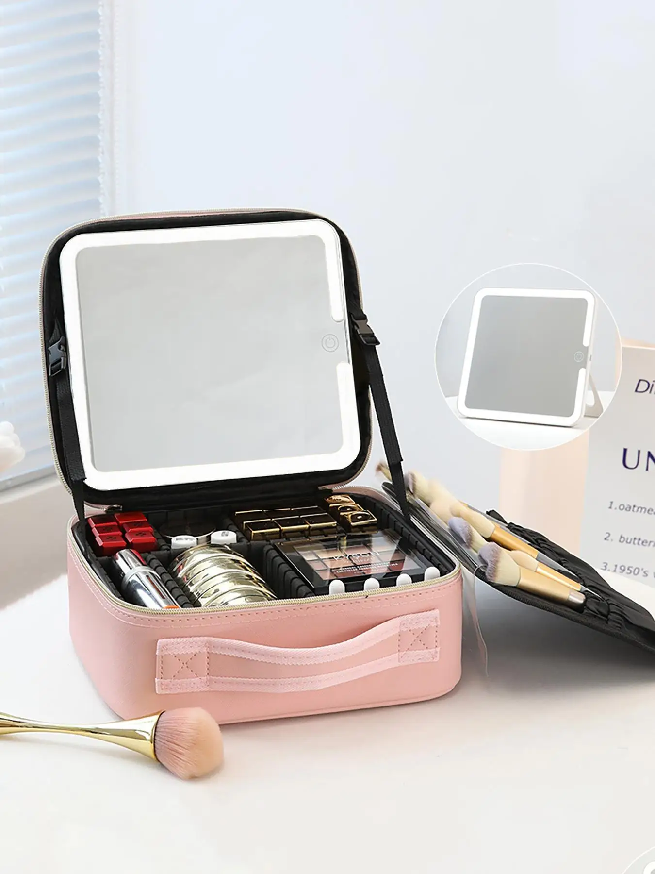 Portable Makeup Bag with 3-Color LED Detachable Mirror 2000mAh USB Rechargeable Waterproof PU Leather Organizer Compact Travel Cosmetic Pouch