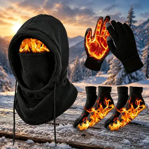 Unisex Adults' 3-4 Piece Winter Warm Sports Gear Set - Windproof Full-Face Ski Mask, Hooded Jacket, Gloves, Thermal Socks - Extreme Cold Skiing Gear - Hand Washable Ideal Gift, Full-Face Mask Sports & Outdoor Hats fit style spider web sport cap