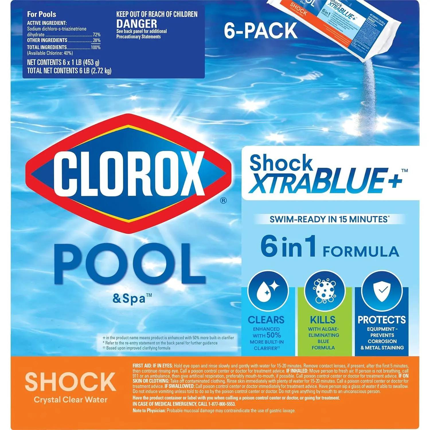 ® XTRABLUE™ Pool & Spa Shock (6-Pack) – Pool Chlorine, Swim Safe Chlorine, Kills Bacteria & Algae, Clears 15 Minutes for Swim-Ready Use