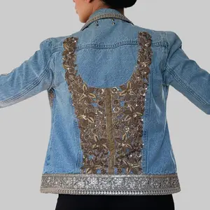 Gold Appliqué Embellished Denim Jacket - Beaded & Sequined Statement Piece for Women - Casual Chic with Sparkle - Handcrafted Denim Jacket - Fitted Long Sleeve Glamorous Everyday Wear