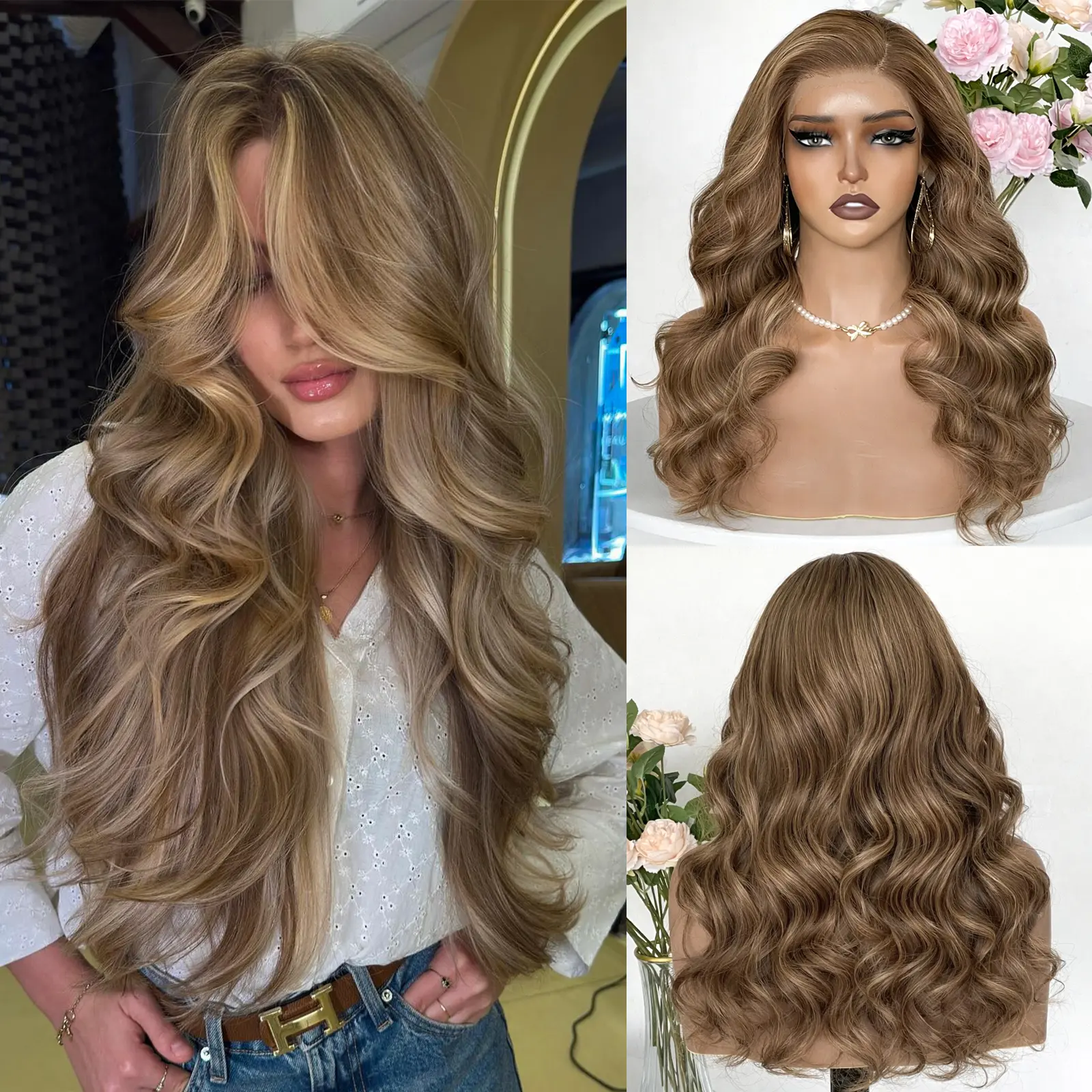 Glueless Frontal Wig, Ash Brown Balayage with Platinum Highlights, Real Human Hair, 220% Density, Pre-Plucked with Bleached Knots, Stretchable 13x4 UHD Transparent Lace, Bleached Knots Wig, Body Wave Wig