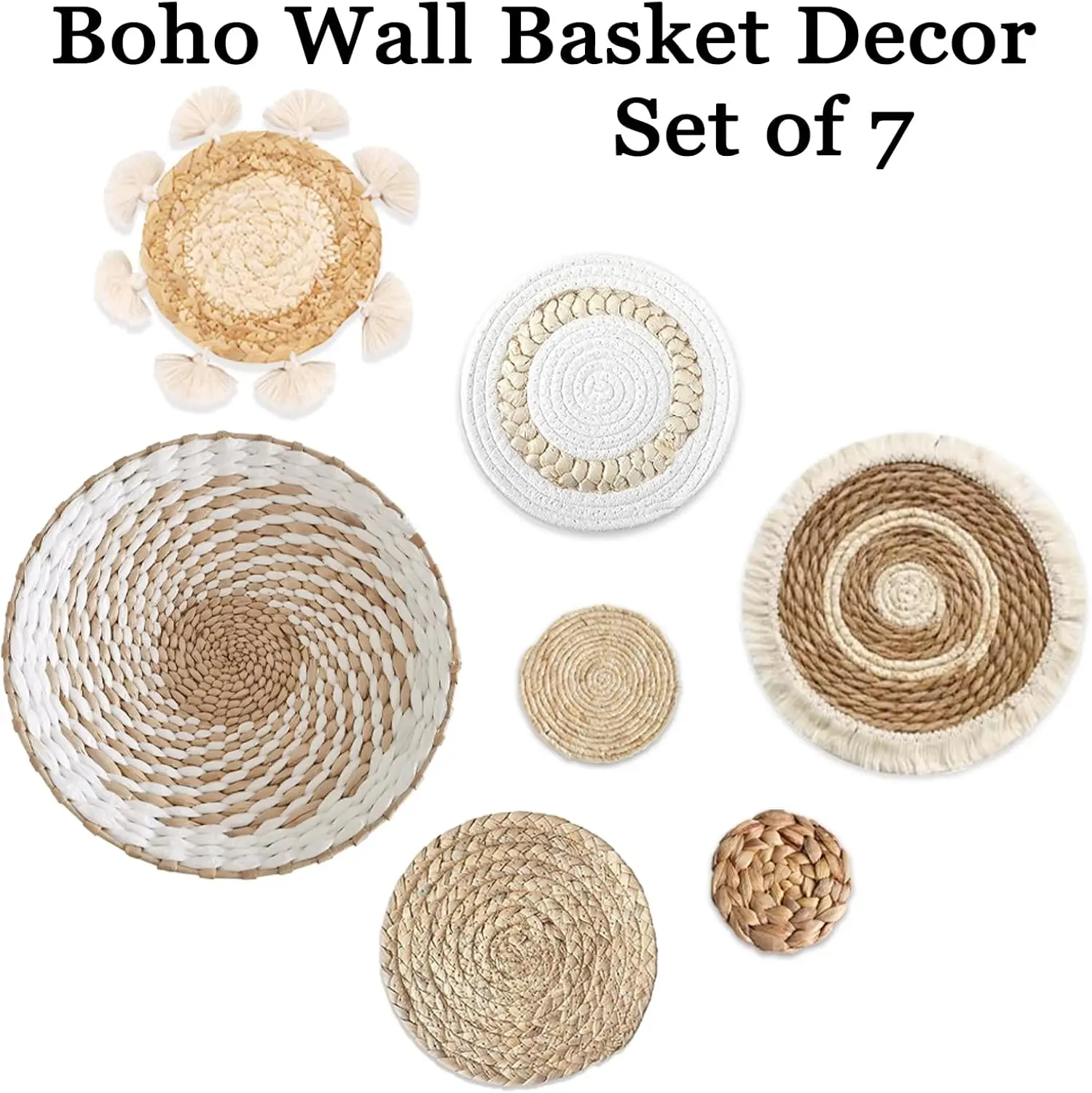 Pack of 7 Boho Wall Basket Decor - Seagrass Rattan Wicker Wall Decor Round Handmade Hanging Rustic Flat Elegant Wall Art for Farmhouse Living Rooms Bedrooms Display Table Settings Kitchen Home