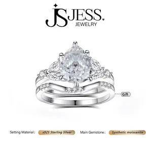 【#1130】2ct/3ct Pear Cut Real Synthetic Moissanite Stackable Ring Set Includes Main Ring and V-band S925 Sterling Silver Jewelry