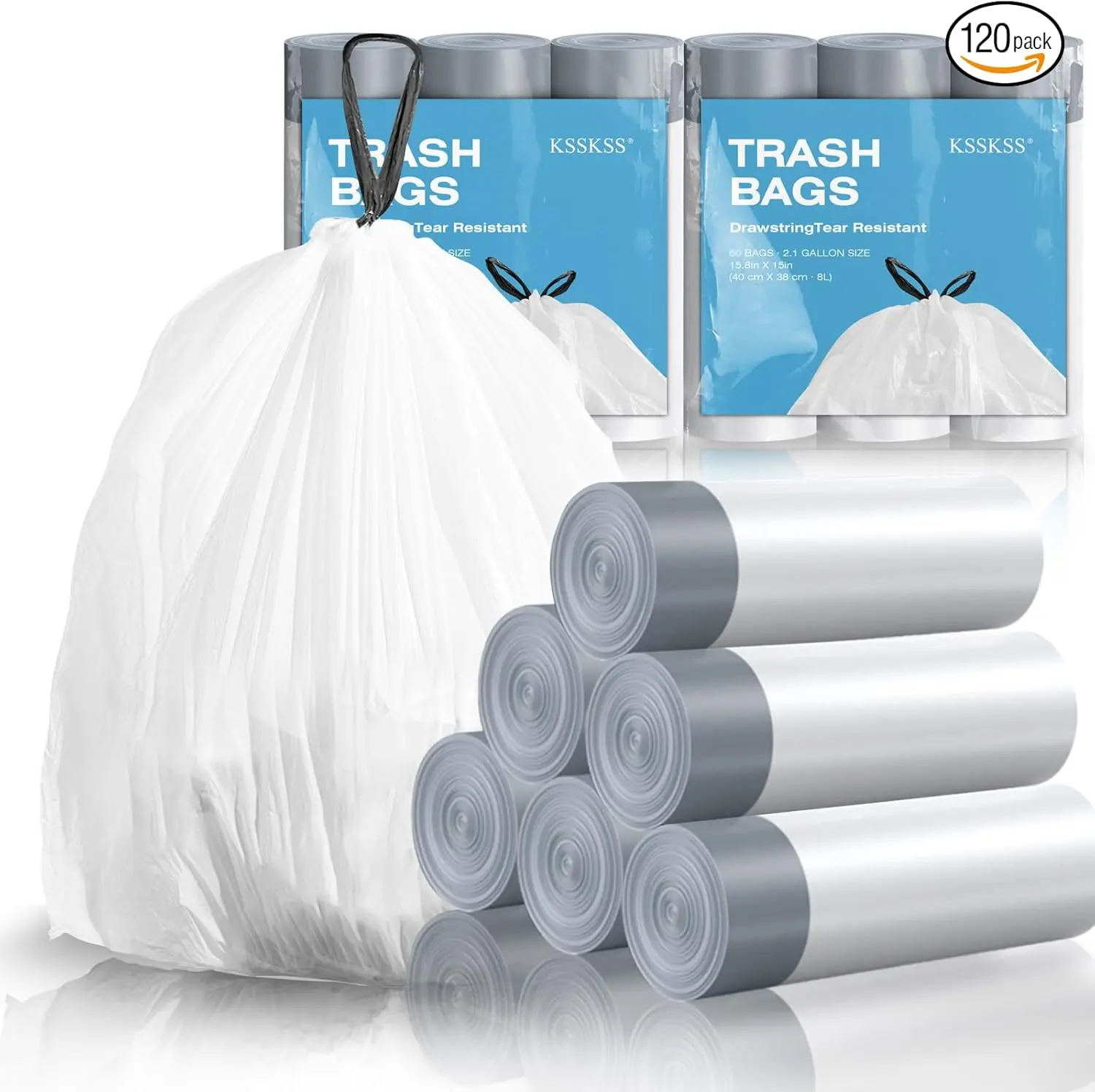 KSSKSS Mini Drawstring Trash Bags, 120 Counts 1.6 Gal White Bin Liners, Fit 4.5-8 L/1.2-2 Gal Bins, for Home Office Bathroom